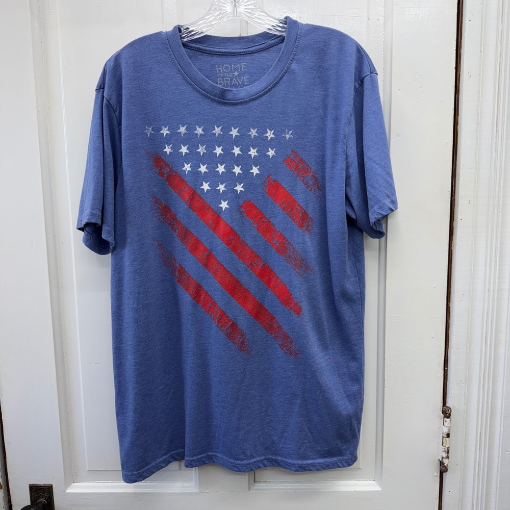 Home of the Brave Mens Large Red White Blue American‎ Flag USA Patriotic T Shirt